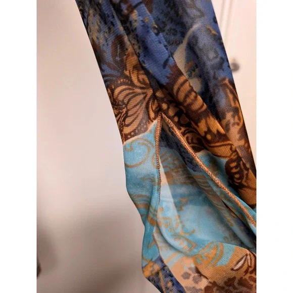 Vintage Blue Brown Paisley Sheer Mesh Tie Front V-Neck Long Sleeve Fairy Boho - Picture 7 of 9